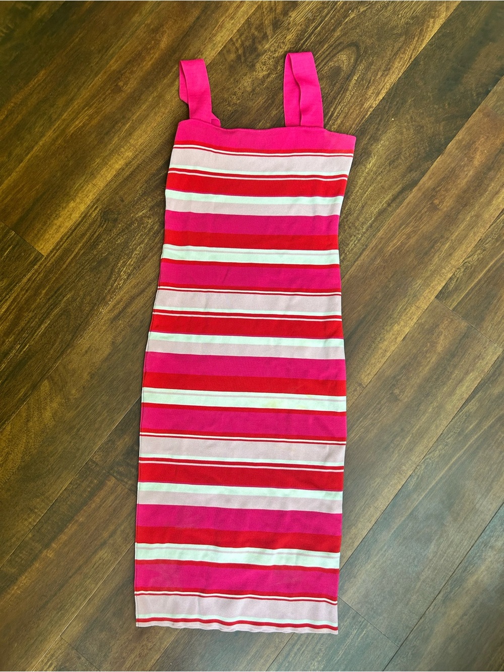 Bardot Hot Pink & Red Striped Midi Bodycon Dress US size 8 medium